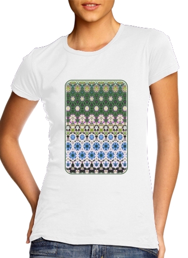 Abstract ethnic floral stripe pattern white blue green für Damen T-Shirt