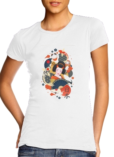 Japanese geisha surrounded with colorful carps für Damen T-Shirt
