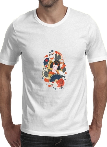 Japanese geisha surrounded with colorful carps für Männer T-Shirt