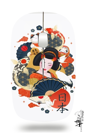 Japanese geisha surrounded with colorful carps für Kabellose optische Maus mit USB-Empfänger