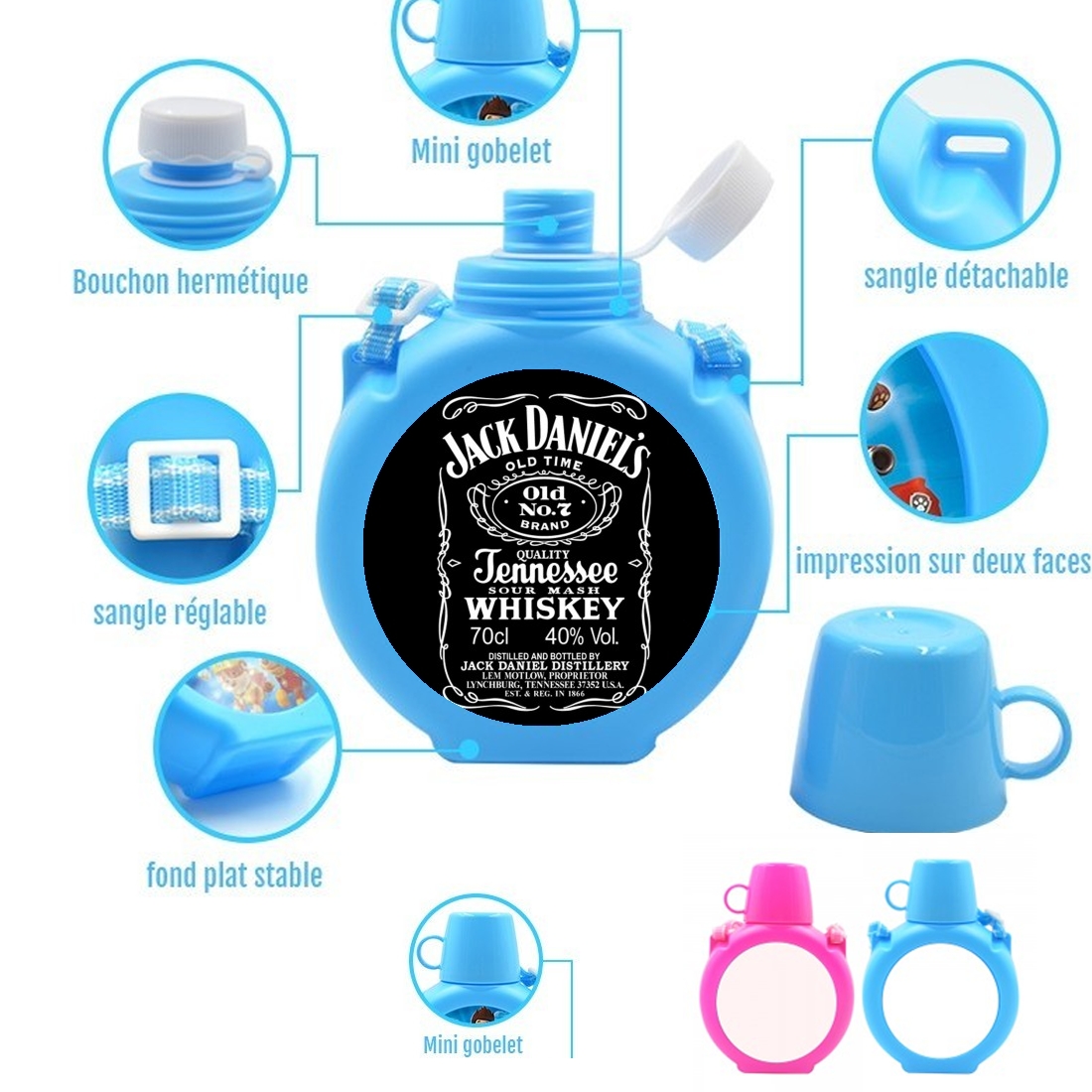 Jack Daniels Fan Design für Bruchsichere Kinderflasche 730 ml in blau oder pink