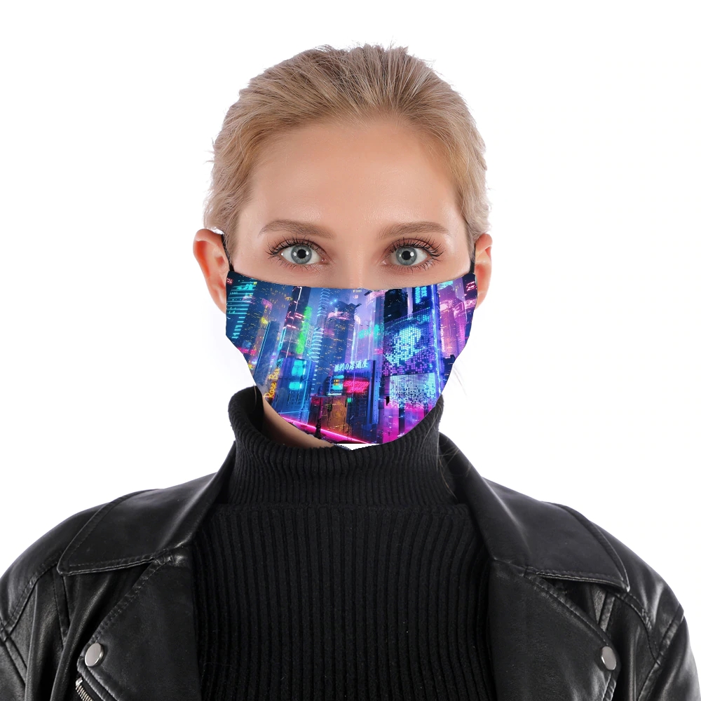 Cyberpunk city night art für Nase Mund Maske