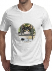 T-Shirts Katze mit Brille, sie schaut durch einen schmiedeeisernen Zaun 